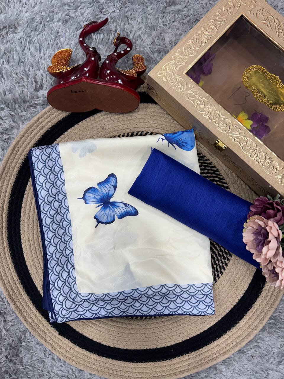 Women's Chic Snow White Georgette Saree with Vibrant Blue Butterfly Digital Print & Contrasting Border – Perfect for Casual Outings & Day Events - Image 4