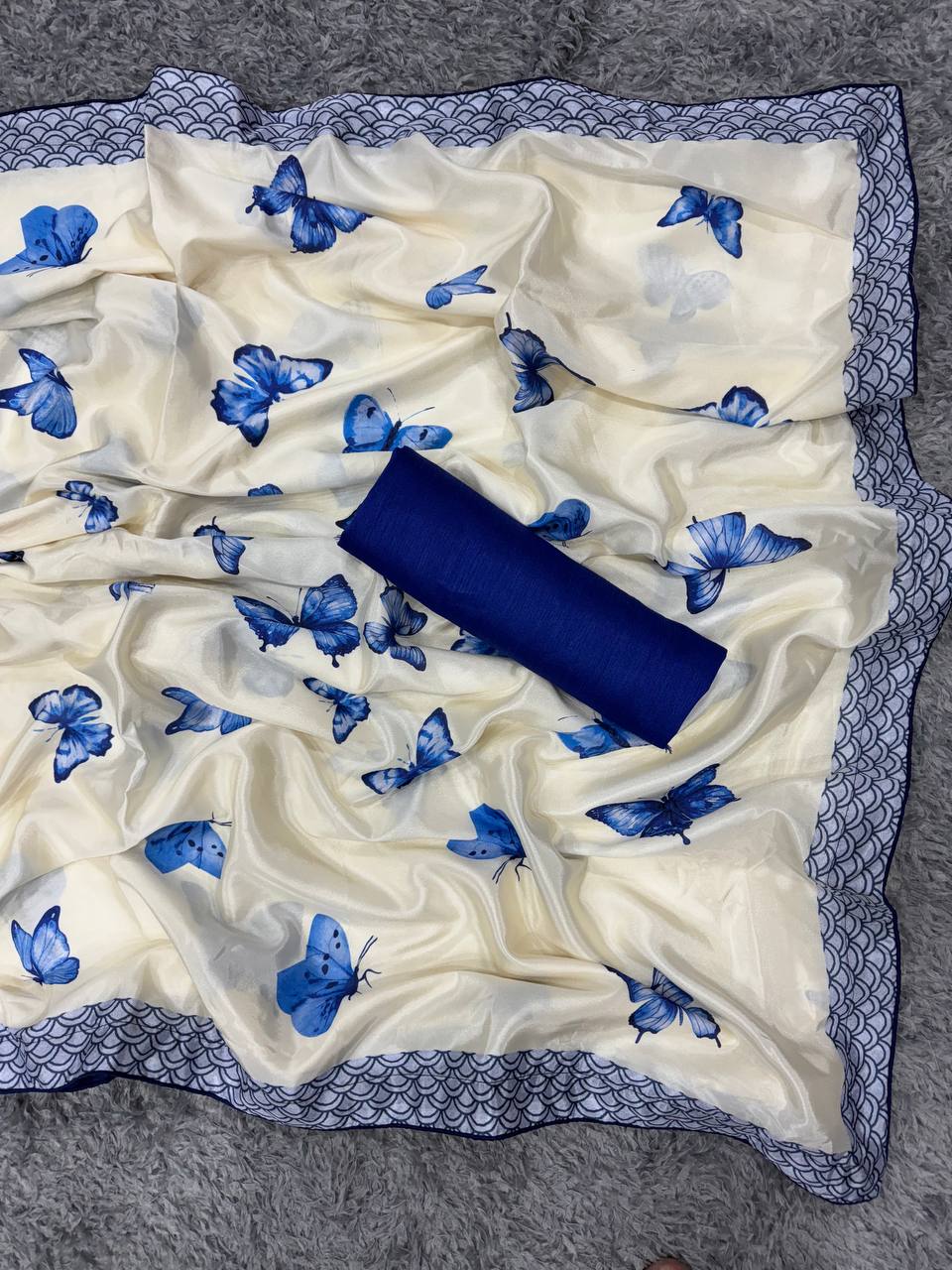 Women's Chic Snow White Georgette Saree with Vibrant Blue Butterfly Digital Print & Contrasting Border – Perfect for Casual Outings & Day Events - Image 2