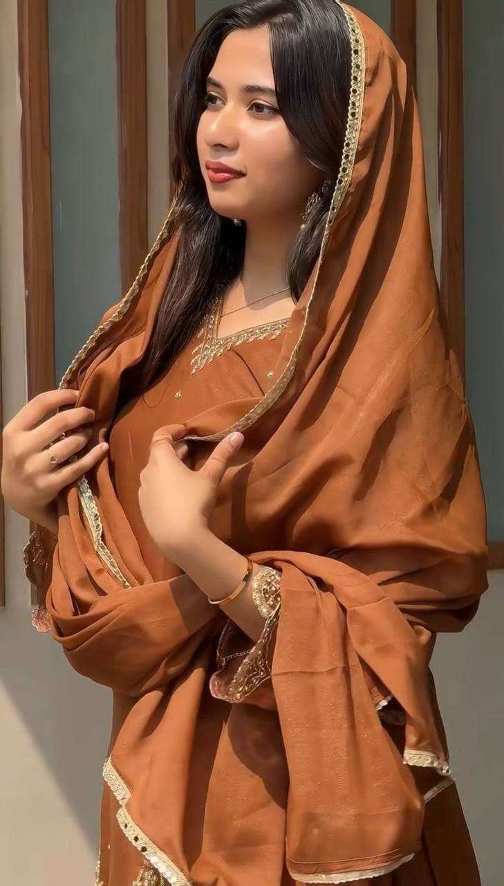 Women's Georgette Sequence Moti Work Straight Kurti With Salwar and Dupatta Set